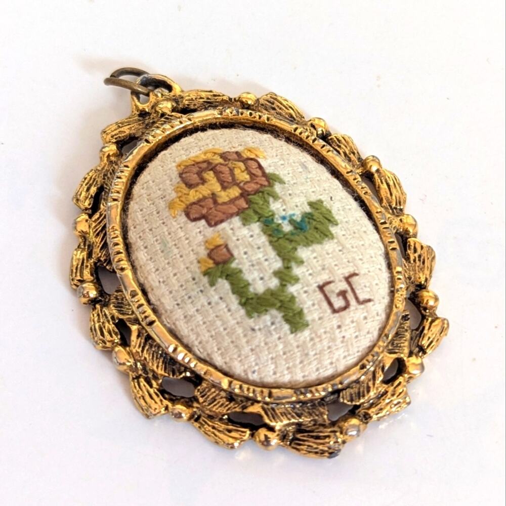 Vintage Gold Tone Floral Cottagecore Cross Stitch Reversible Mirror Pendant